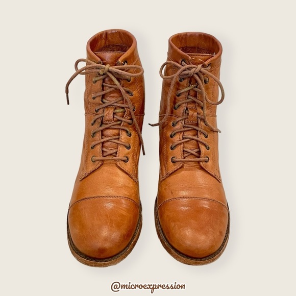 Frye Erin Lug Work Lace Up Combat Cognac Brown Leather Winter Fall Ankle Boot - Picture 10 of 16